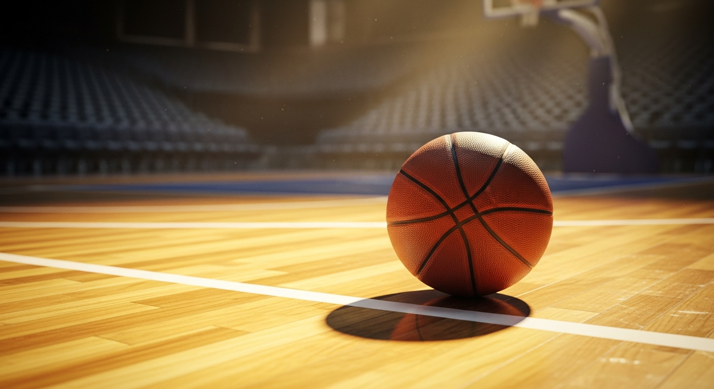 A basketball resting on a polished court under arena lights