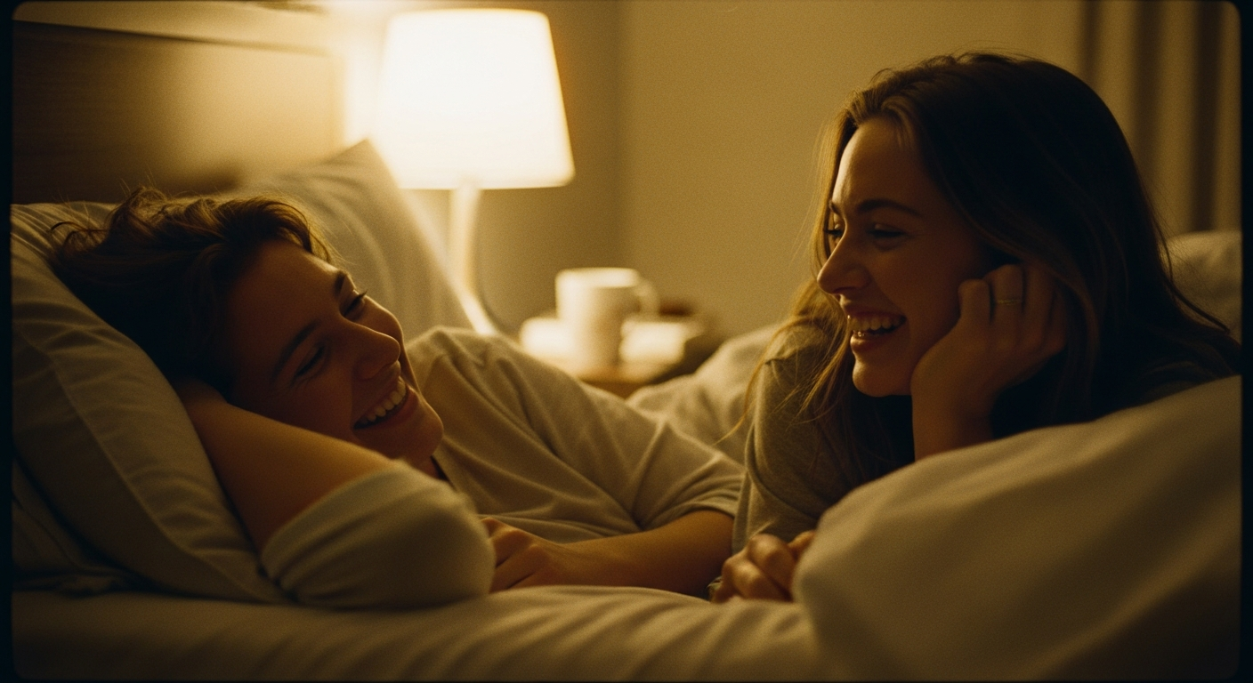 Two women lying in bed, laughing together beside a lit lamp