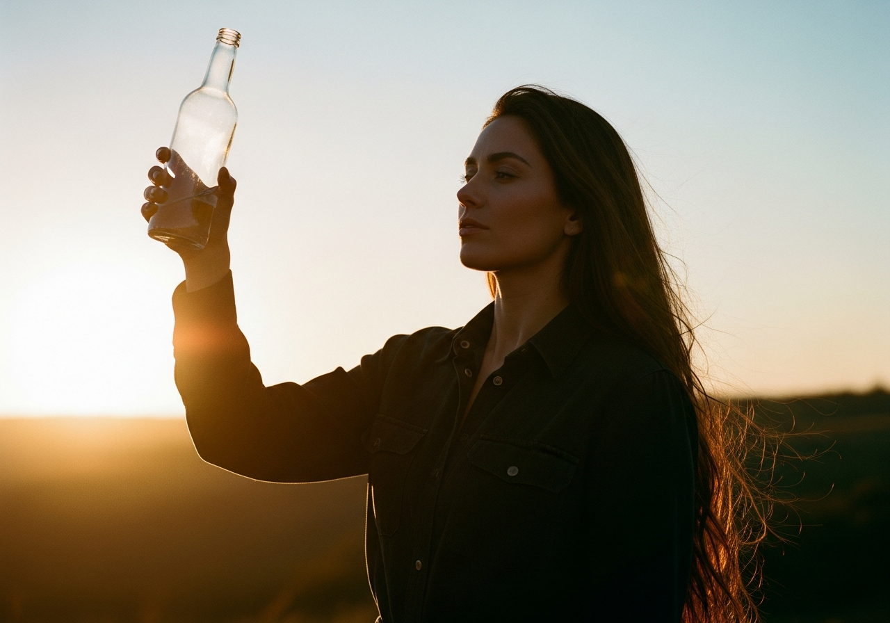 A woman holding a bottle up to the light outdoors at sunset
