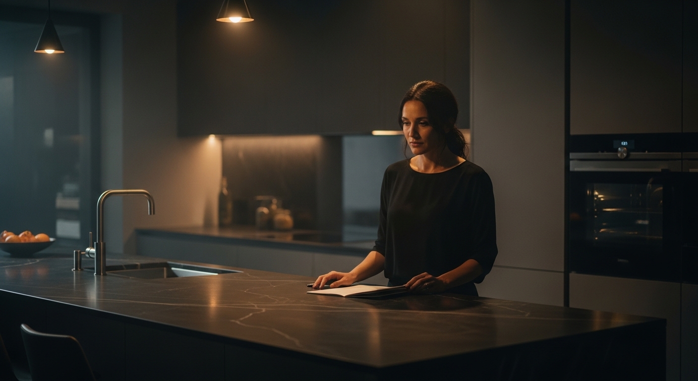 A woman standing at a kitchen island in a dimly lit modern kitchen
