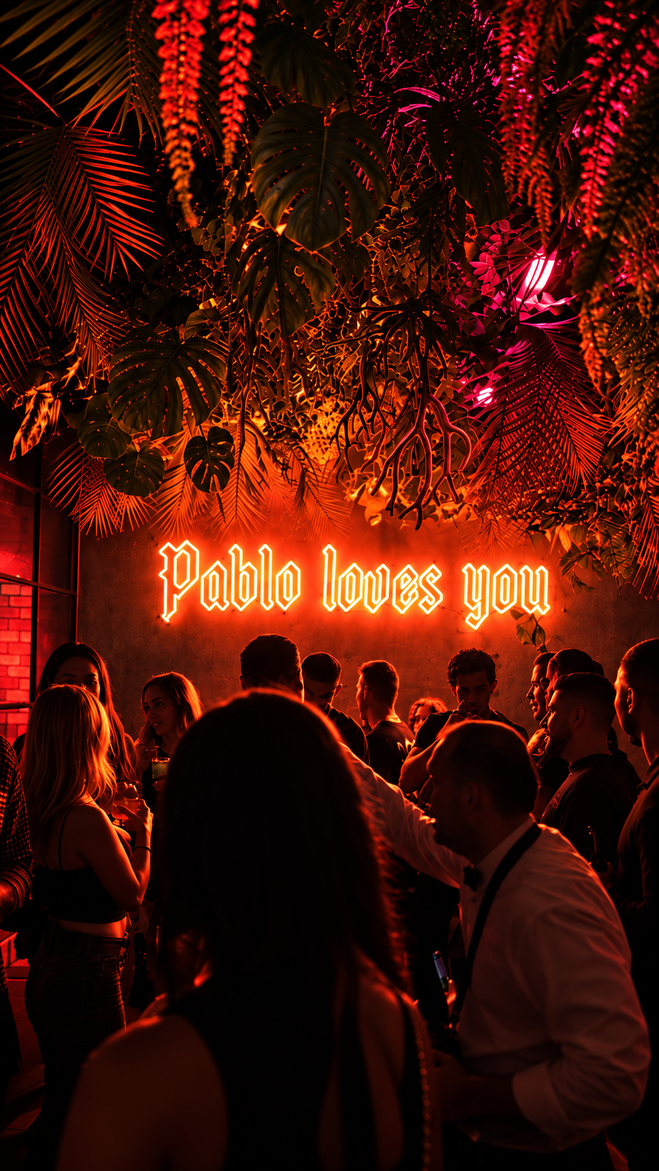 Crowd gathered beneath a glowing Pablo loves you sign