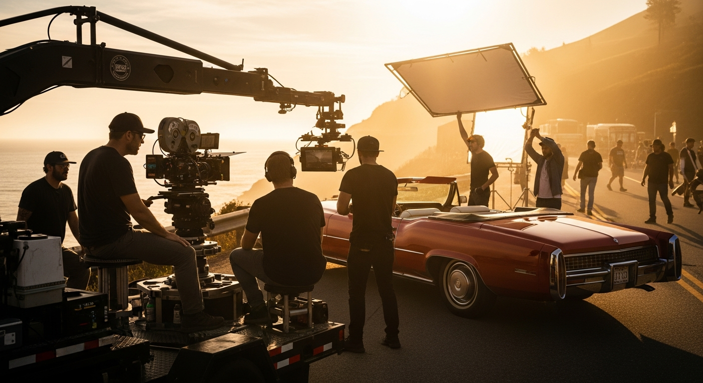 A camera crew filming a convertible on a coastal road at golden hour